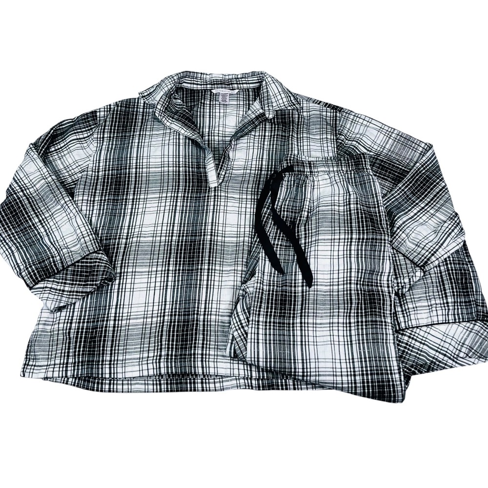 Victoria's Secret 2pc Pajama Set‎ Black White Plaid Silver Thread Lounge PJs